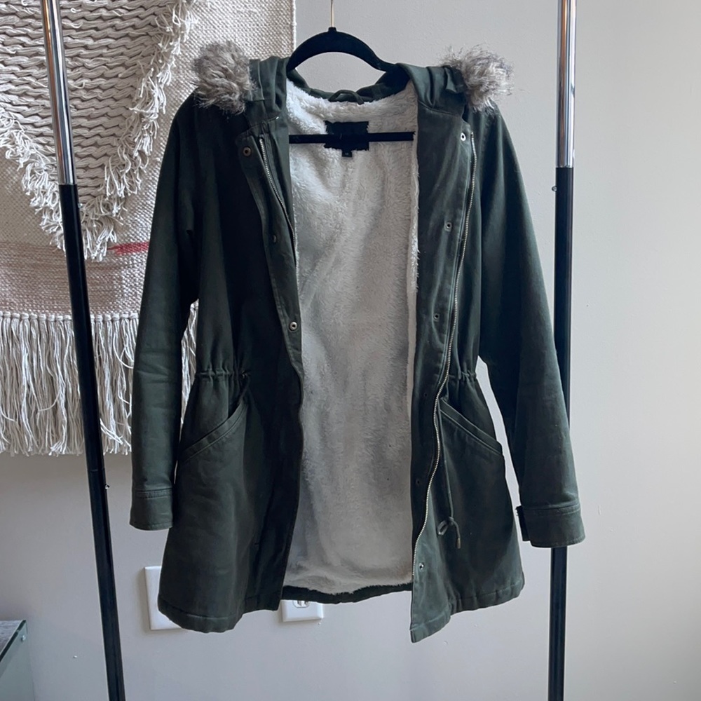 Green long coat with fur hood!